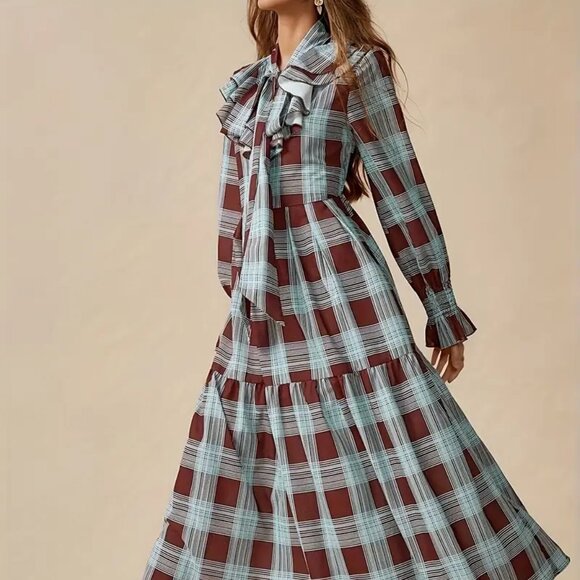 Plaid Boho Spilled Ruffle Collar Maxi Dress - Picture 6 of 6